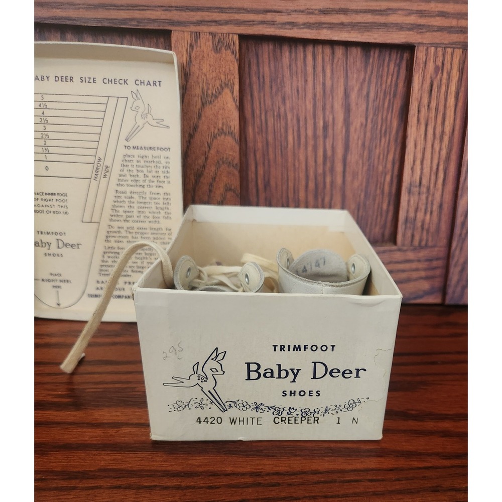 VTG Baby Deer Shoes Trimfoot Infant Creeper Shoes White Leather Size 1 Orig Box